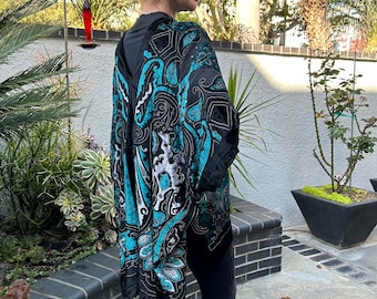 Teal and Black, Velvet kimono, Burnout Kimono, night, dress, bathrobe, black, silver, Devore, Handmade