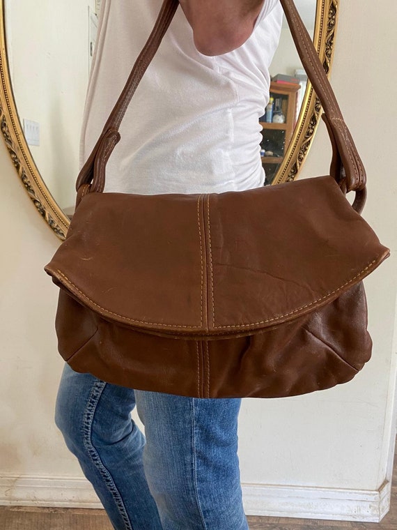 Vintage Brown Leather purse, shoulder bag, 1970s,… - image 1