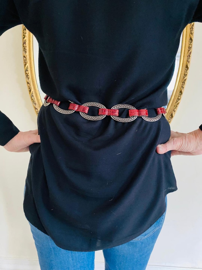 Brighton-bälte i rött läder, krokodilpräglat, 86 cm, silverfärgat, rött läder bild 2