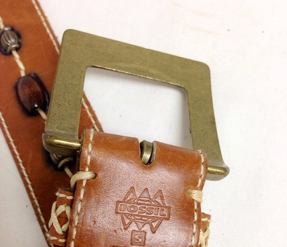 Fossil Beaded Stitched Leather‎ belt Fossil, Brown Leather Belt ,beaded,copper Tone, Buckle  main image 4