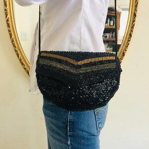 Black beaded, sequin purse, formal, shoulder bag, mint condition, black, gold, bronze image 5