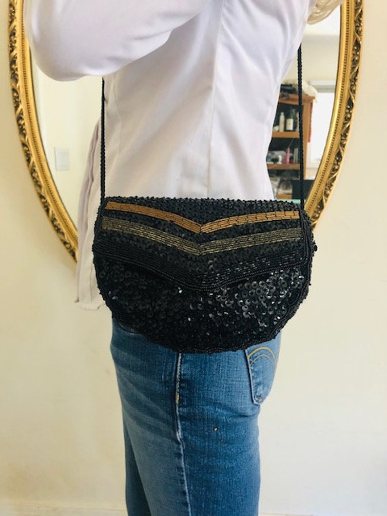 Black beaded, sequin purse, formal, shoulder bag, mint condition, black, gold, bronze image 5