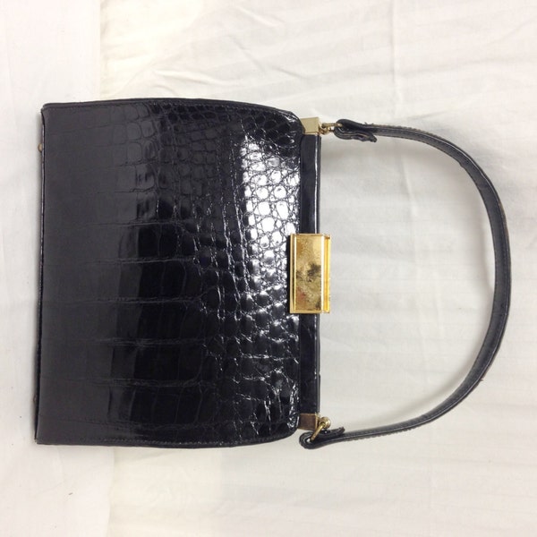 Free Ship Vintage Leather Handbag Croc Embossed Patent w/Coin Purse