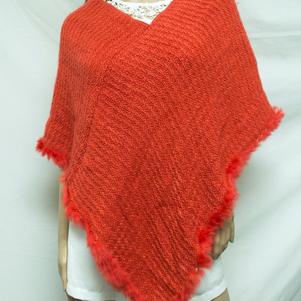 Angora Poncho,poncho top, Fur Trim ,Knit poncho,orange, knit