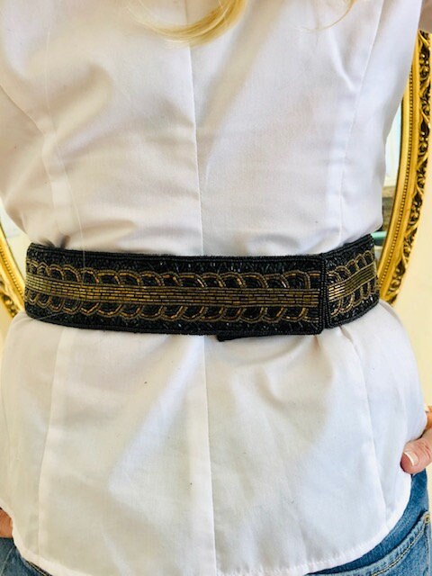 Cumberbund Belt, Beaded Belt, Black, Gold, Amber, Medium  display picture 2