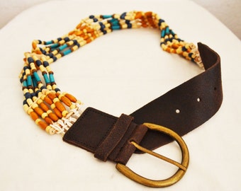 Korean Beaded Belt Vintage Boho Metal Buckle Leather - Etsy display picture 1
