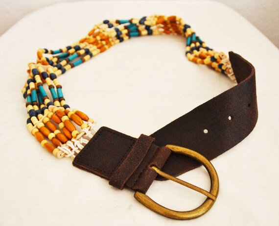 Beaded Boho Belt ,copper Tone Buckle,orange,blue,tan  display picture 2