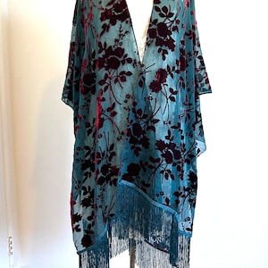 Gorgeous Teal Blue Burn out Burgundy Velvet fringed Kimono, fringed, Devore, Handmade