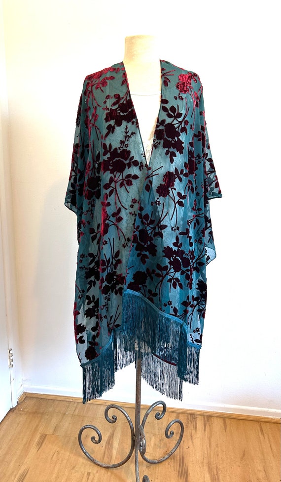 Gorgeous Teal Blue Burn out Burgundy Velvet fringed Kimono, fringed, Devore, Handmade