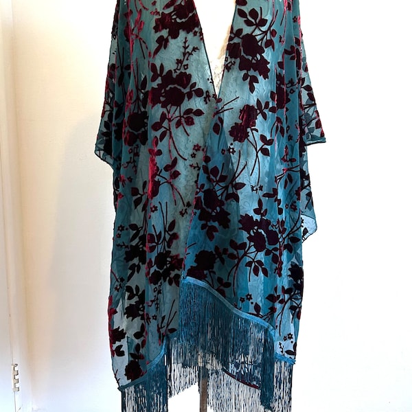Gorgeous Teal Blue Burn out Burgundy Velvet fringed Kimono, fringed, Devore, Handmade