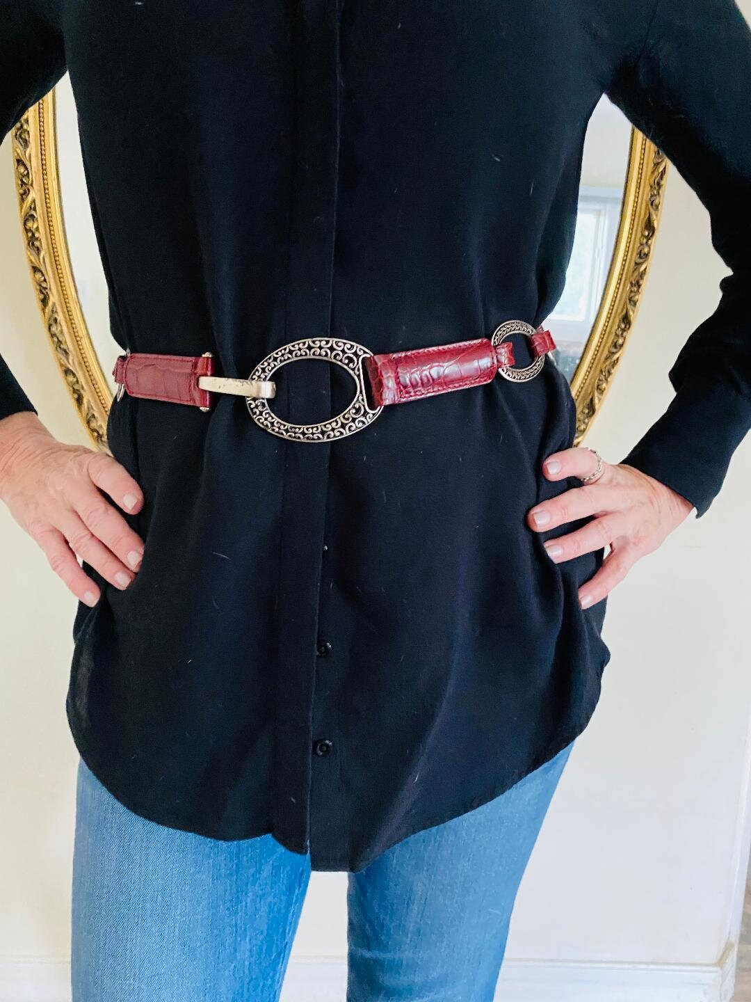 Brighton Red Croc-Embossed Leather Belt ML 32 | Silver Scroll Buckle & Tips USA Croco Print Tapered Belt | Stetson main image 3