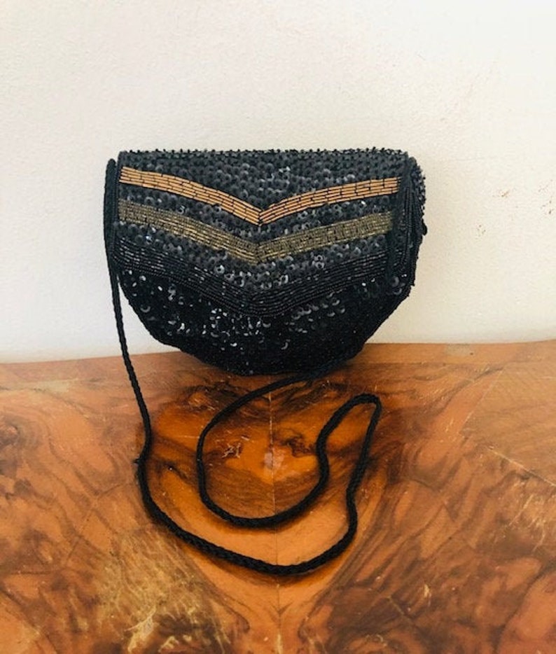 Black beaded, sequin purse, formal, shoulder bag, mint condition, black, gold, bronze image 1