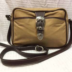 Tan Leather Purse Bag Shoulder Bag, Brown Leather Trim, Buckle Magnetic Snap Closure