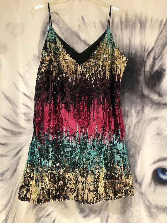 purple green and gold sequin dress Short Patterned Dress | Rectangle Paillette Sequin Spangles | Gold | Purple