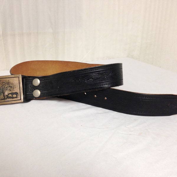Tooled lederen riem, zwart, gegraveerd Oak Tree & paarden gesp, gratis verzending