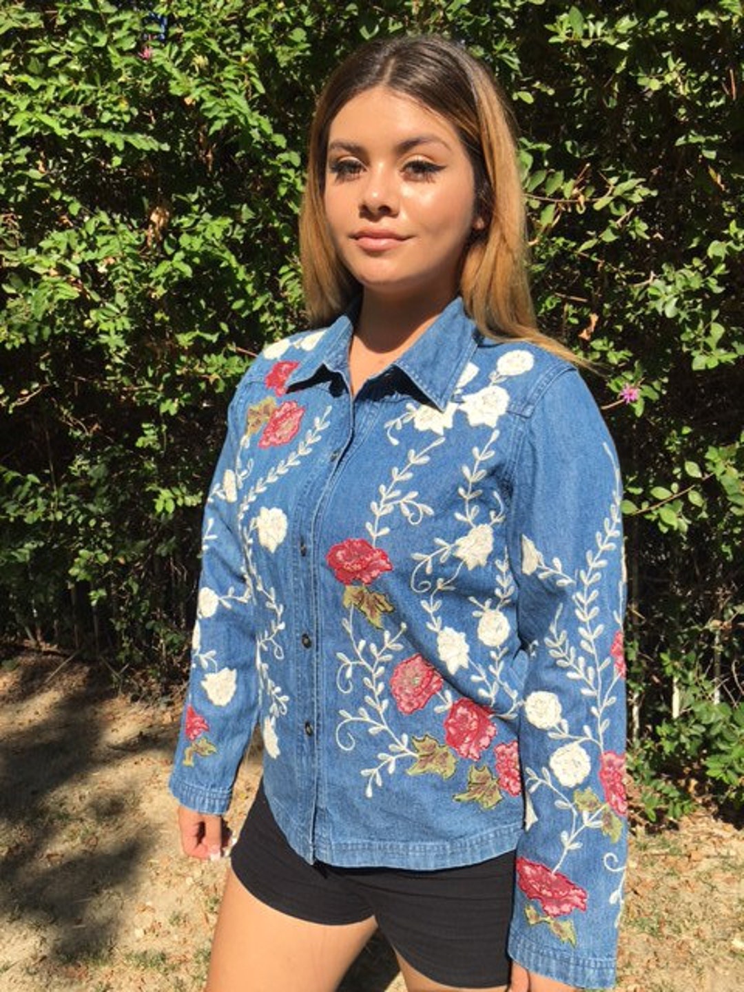 Embroidered Denim Jacket, Red White Roses, Size Small,coat Etsy