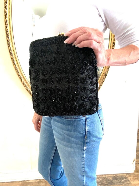 Black beaded formal clutch, purse,bag, black bead… - image 5