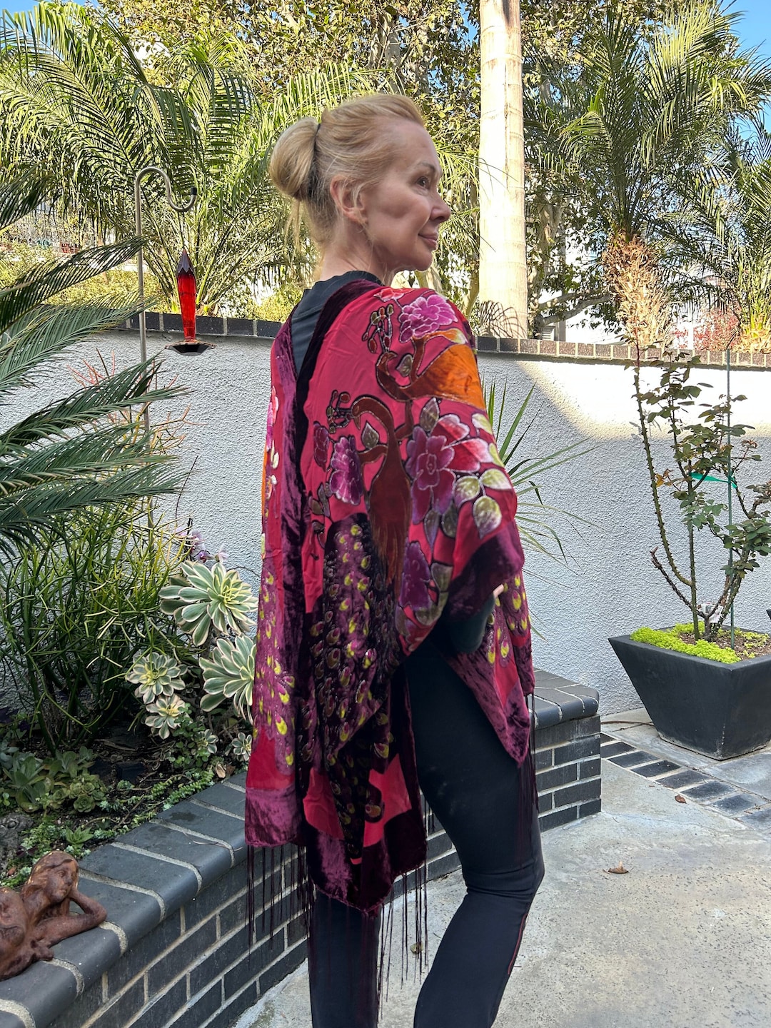 Enchanted Peacock Floral Print Velvet Burnout Kimono