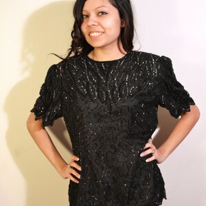Beaded top, sequin top, Black,Blouse, PS ,Petite, Small ,Vintge 80&#39;s