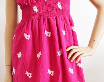 Roze katoenen jurk, roze, jurk, Magenta, zomer jurk, geborduurde jurk, grootte klein, klein, boho jurk