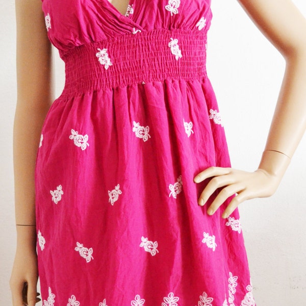 Pink cotton dress, Pink,dress, Magenta, Summer dress,Embroidered dress, Size small,small,boho dress