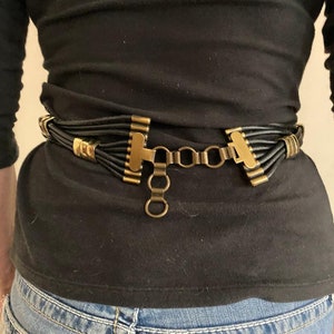 Black Leather Brass belt,Wide leather belt, BoHo belt, 1980s, Crystals image 3