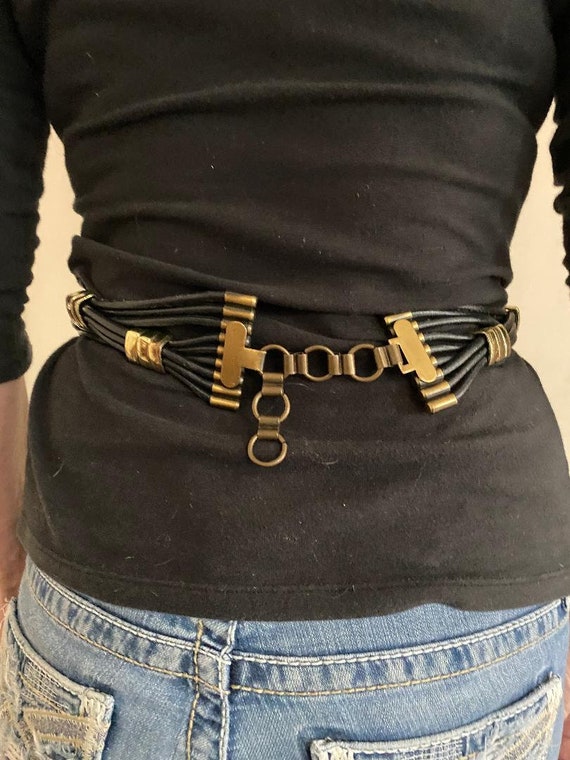 Black Leather Brass belt,Wide leather belt, BoHo … - image 3