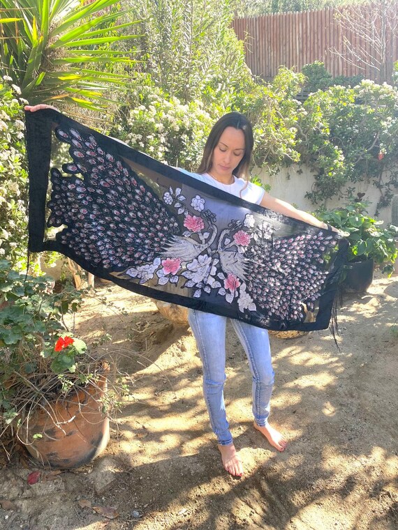 Gorgeous Black Gray Velvet Scarf, Peacock Scarf, Flowers, Birds, Fringed, Piano, Semi sheer, Burn out, Red, plum, Bird brooch