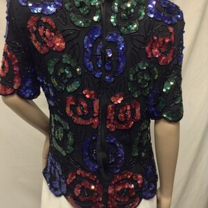 Beaded Sequin Top, Roses , Pink ,Green, Blue ,Medium,Large image 3