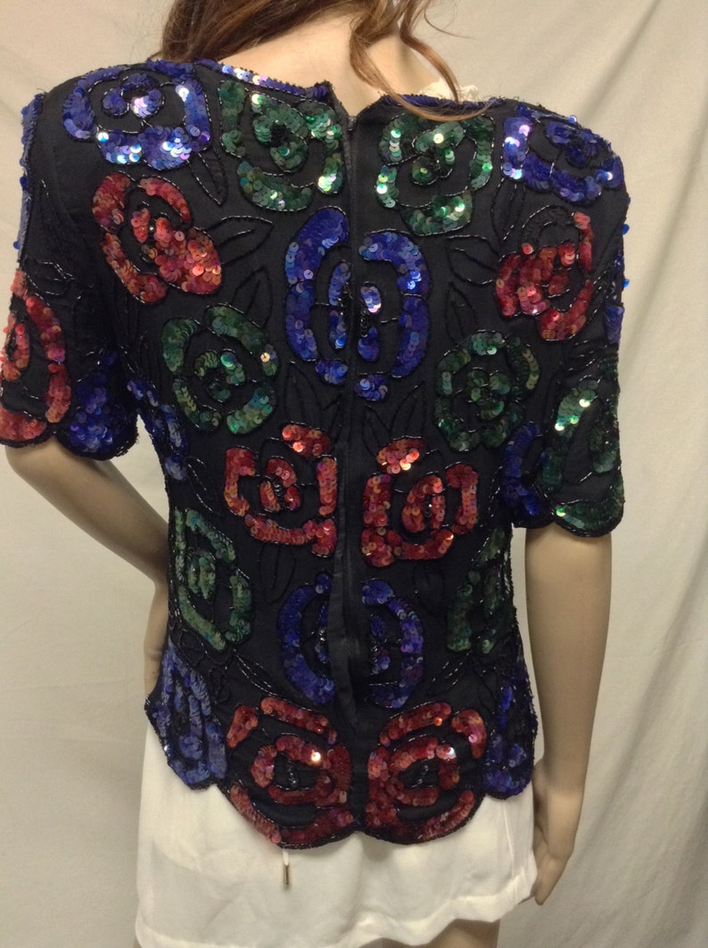 Beaded Sequin Top, Roses , Pink ,Green, Blue ,Medium,Large image 3