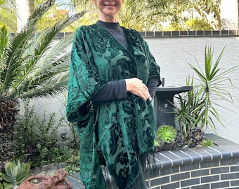 Emerald Green Burnout Velvet kimono, Burnout Kimono, night, dress, bathrobe, Velvet Robe, Devore, Handmade