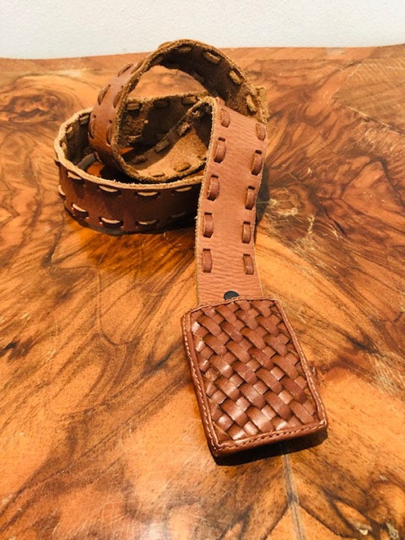 Brown leather belt, removable buckle, woven leath… - image 2