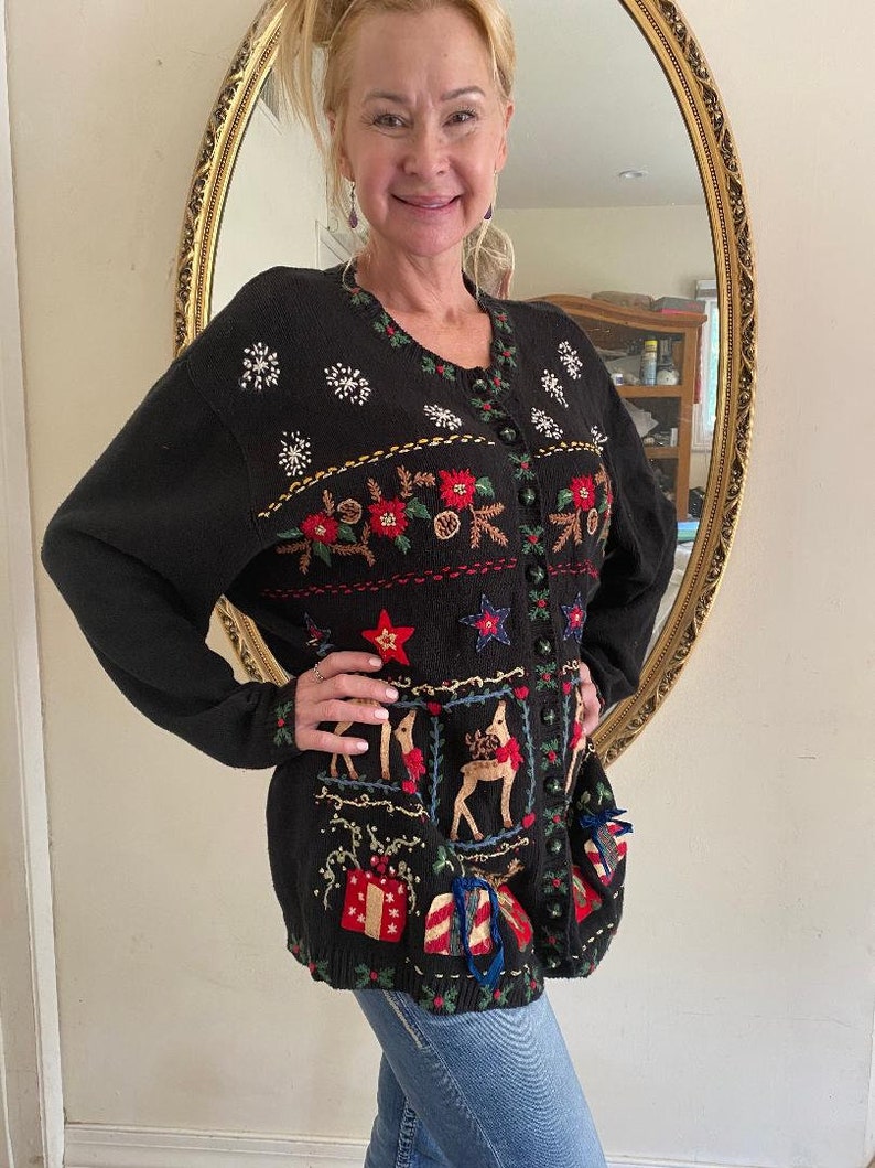 Heirloom Christmas cardigan Presents Reindeer Christmas sweater Stars 18,20 ugly Christmas sweater Embroidered
