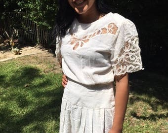 Boho dress,off white dress,Small,S,eyelet lace,summer dress,1980s