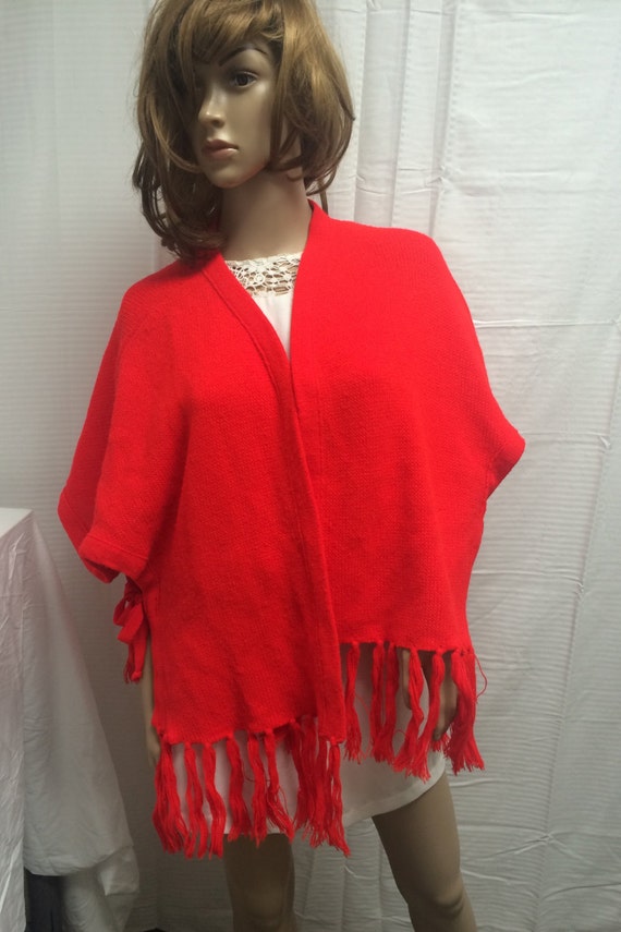 Red knit shawl, red knit wrap, shawl, wrap, fringe