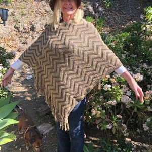 Earthy Poncho top,Soft Chevron wave, Poncho, Tan,Green,knit poncho, Fringed