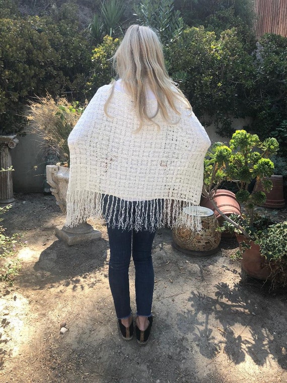 Knit poncho, poncho top, fringed, sequin, off whi… - image 3