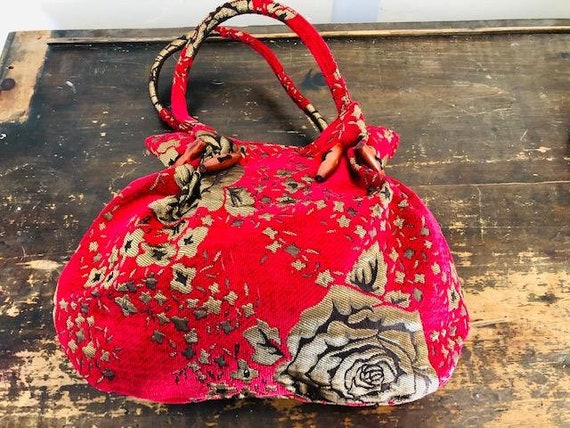 Red Tapestry Purse,Red,gold, Sequin purse, Beaded… - image 3