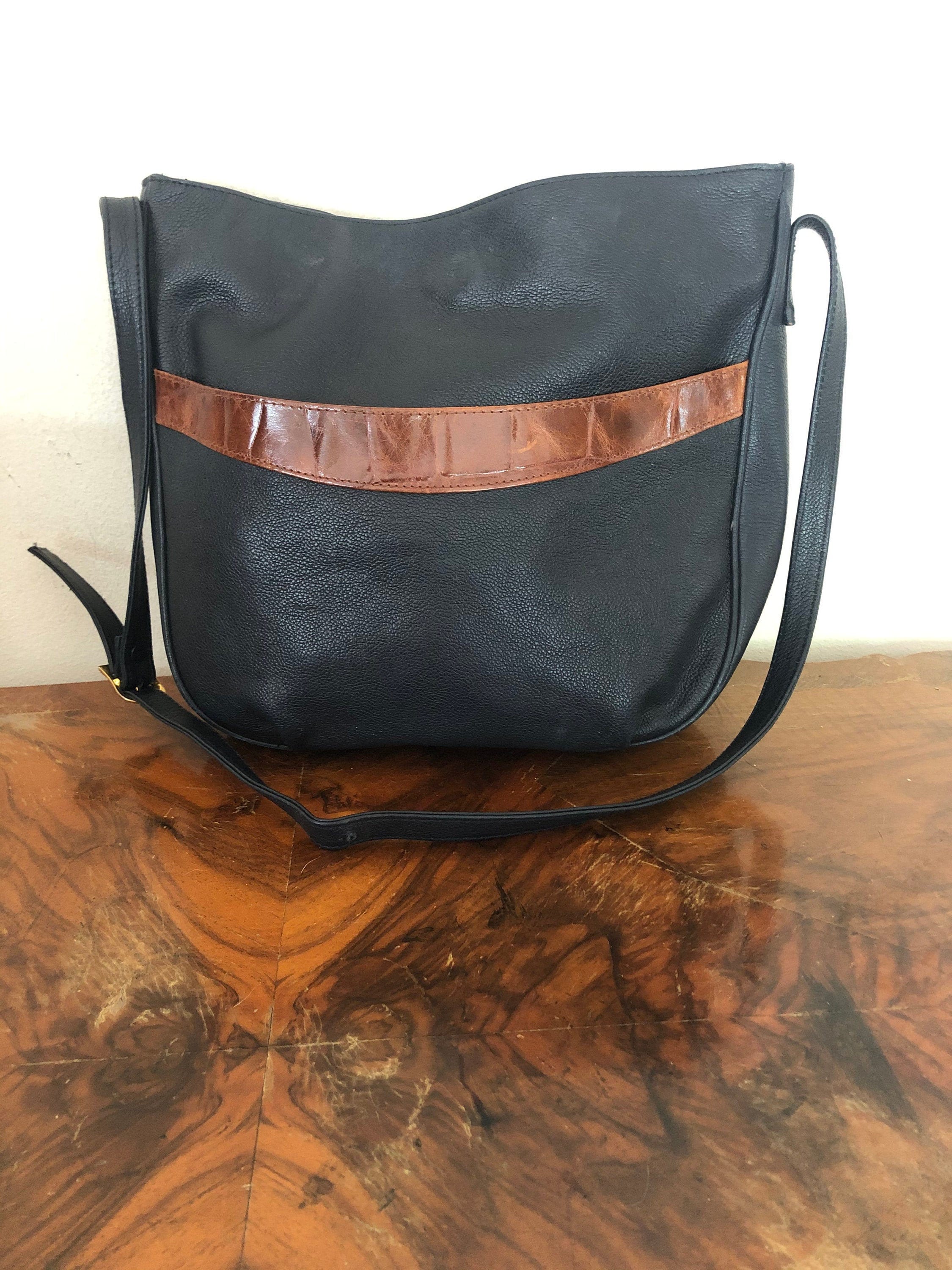 Courtenay Black Leather Purse Brown Croc Embossed Shoulder Etsy