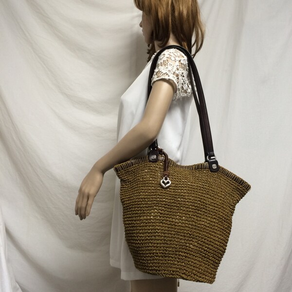 Brighton large raffia bag, shoulder bag ,leather straps,heart charm,Brighton purse