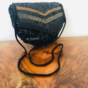 Black beaded, sequin purse, formal, shoulder bag, mint condition, black, gold, bronze image 2