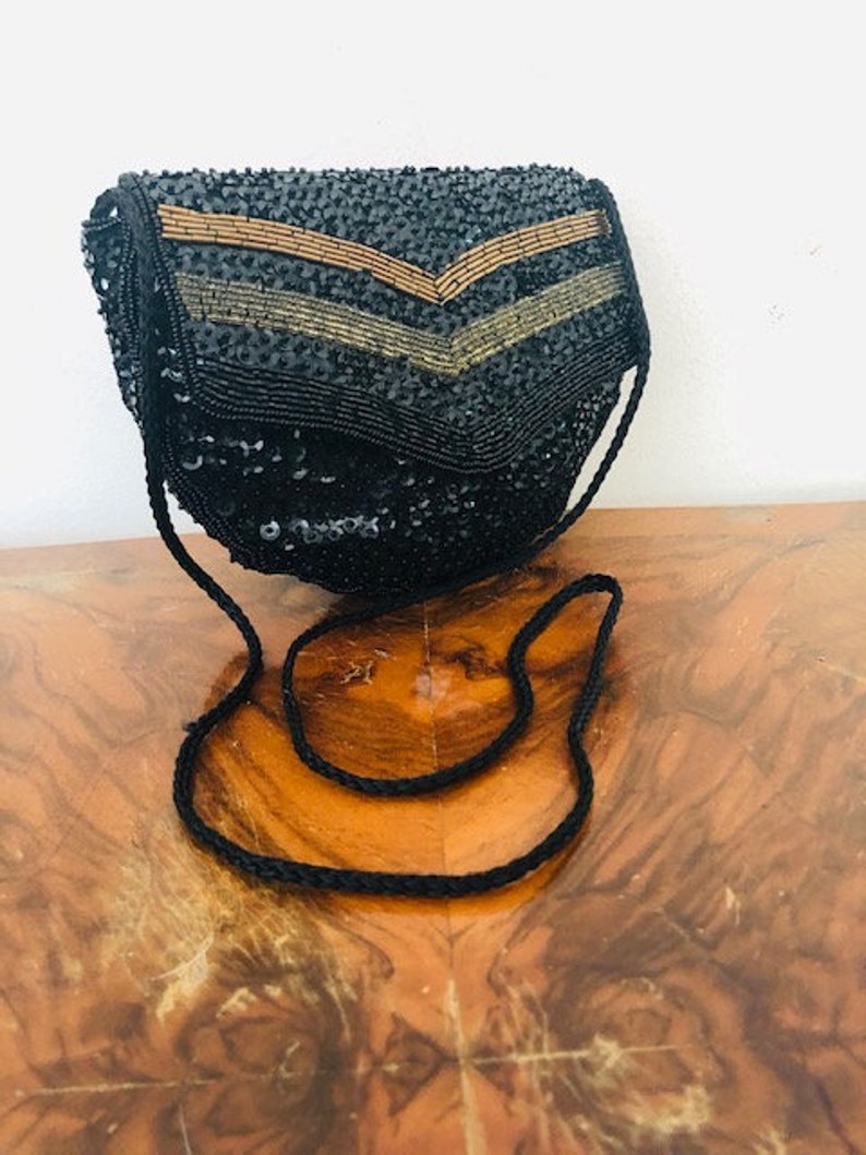 Black beaded, sequin purse, formal, shoulder bag, mint condition, black, gold, bronze image 2