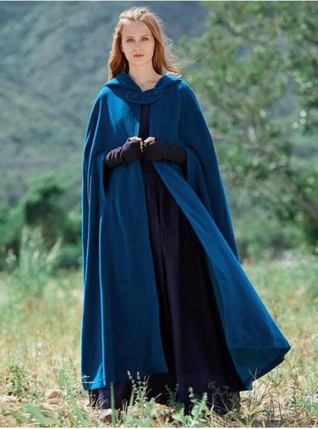 Large Teal Blue Hooded Cape Cloak Etsy