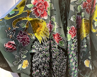 Green velvet, peacock kimono, Burnout Kimono, Velvet Robe, night dress, bathrobe, black, silver, Handmade
