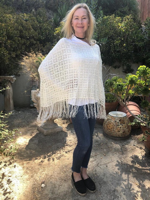 Knit poncho, poncho top, fringed, sequin, off whi… - image 1