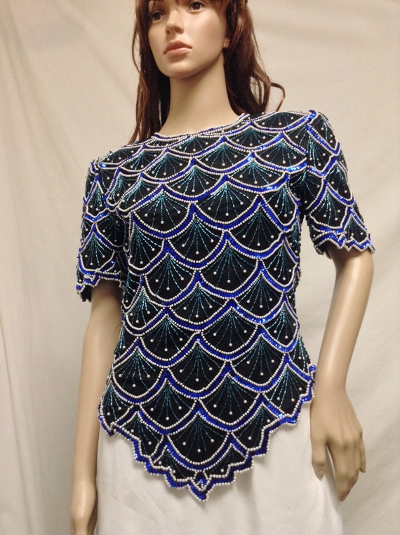 Beaded Sequin Top, Blue ,Green, White, Formal top… - image 1