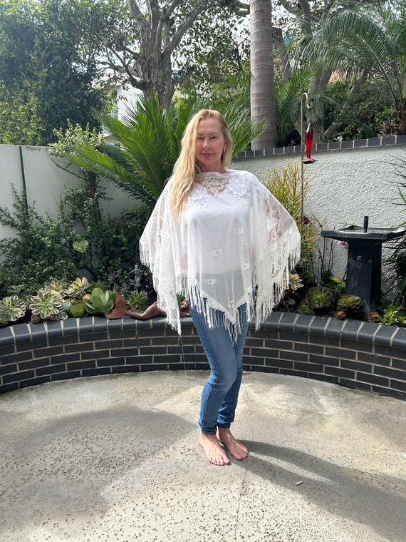 White Lace Poncho, White, Semi Sheer ,poncho ,roses ,fringed