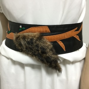leather belt,1970s,1980s, Leather ,Fur ,Rhinestone, Belt ,Black, Orange, Brown ,Green,wide