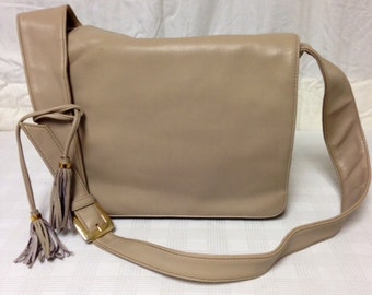 Large Tan Messenger style Shoulder Bag  Purse, Fringed Tassels, Faux Leather