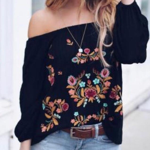 Long Sleeve,Embroidered blouse, BoHo, top, Off the shoulder,black cotton blouse,Oaxaca, small,S,Mexican blouse, fiesta, blouse,Puebla blouse